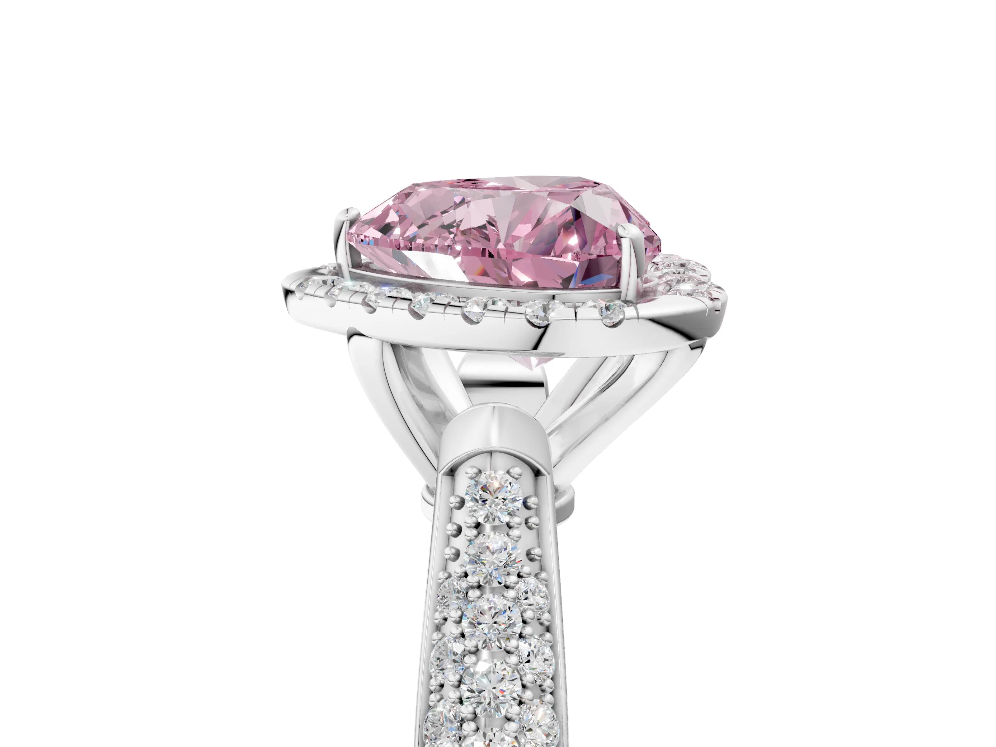 White gold Fancy Pink Heart Cut Halo Diamond Ring with Pavé Band_29