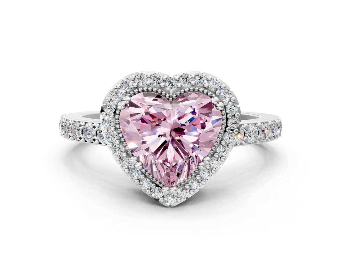 White gold Fancy Pink Heart  Cut Halo Diamond Ring with Pave Band and Four-Prong Setting_25