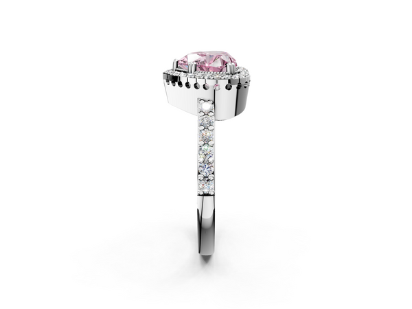 White gold Fancy Pink Heart  Cut Diamond Halo Engagement Ring with Milgrain Detail and Pavé Band