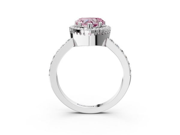 White gold Fancy Pink Heart  Cut Diamond Halo Engagement Ring with Milgrain Detail and Pavé Band
