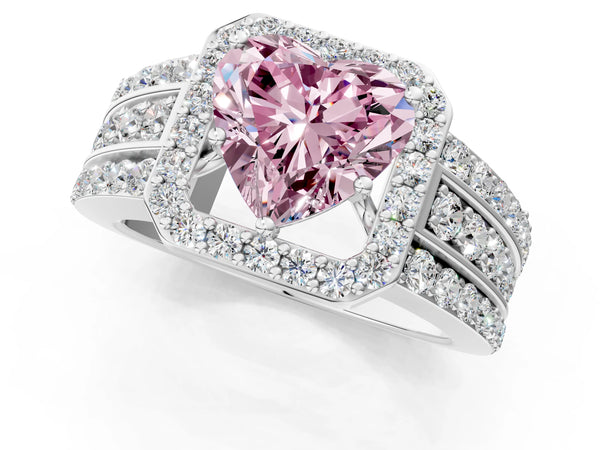 White Gold Heart-Shaped Triple-Row Pave Halo Engagement Ring Setting for Fancy Pink Center