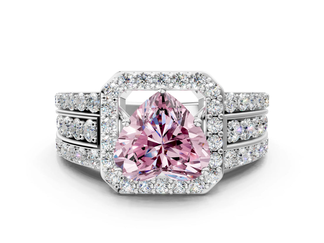 White gold Fancy Pink Heart Cut Halo Diamond Ring with Round  Split Shank and Prong Setting_196