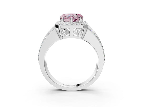 White Gold Heart-Shaped Triple-Row Pave Halo Engagement Ring Setting for Fancy Pink Center