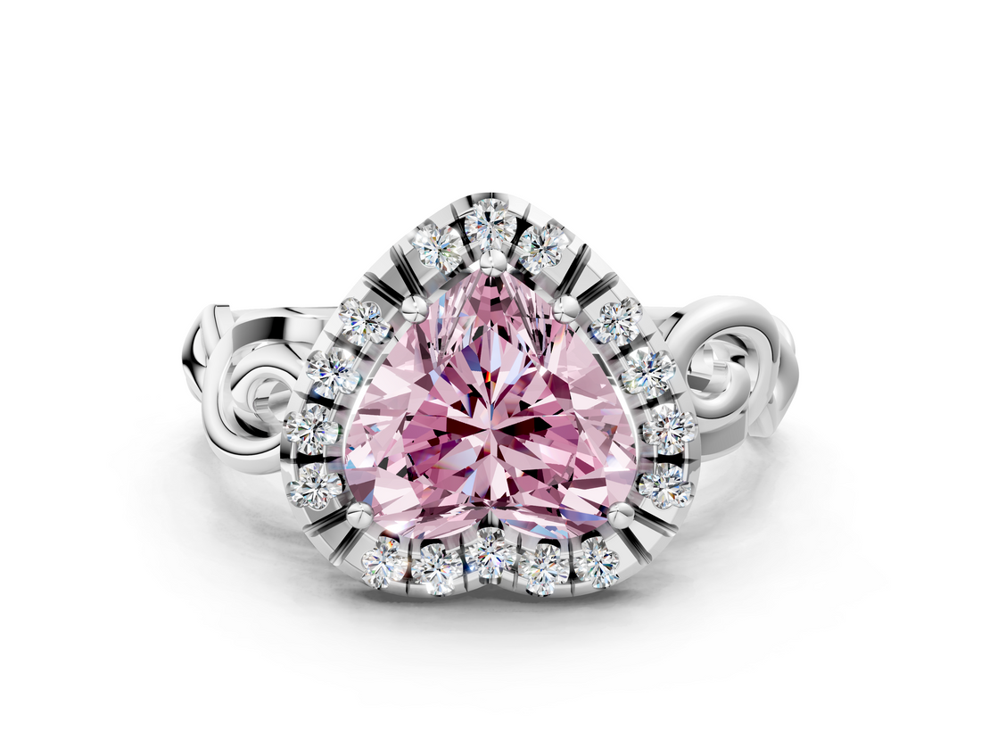 White gold Fancy Pink Heart  Cut Halo Diamond Ring with Scrollwork Band and Four-Prong Setting_139