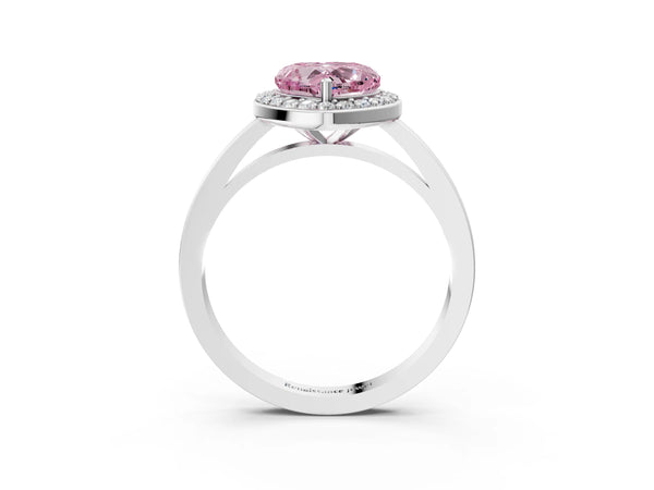 Platinum Fancy Pink Heart Cut Halo Diamond Ring with Solitaire Band and Prong Setting