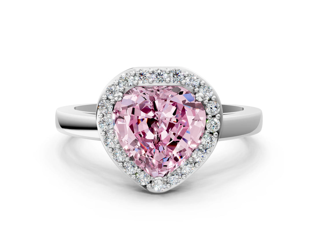White gold Fancy Pink Heart Cut Halo Diamond Ring with Solitaire Band and Prong Setting_24