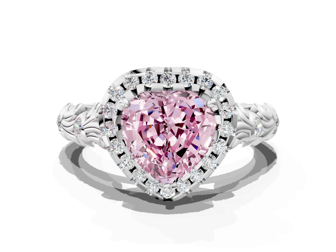 White gold Fancy Pink Heart Cut Halo Diamond Solitaire with Filigree Band and Four-Prong Setting
