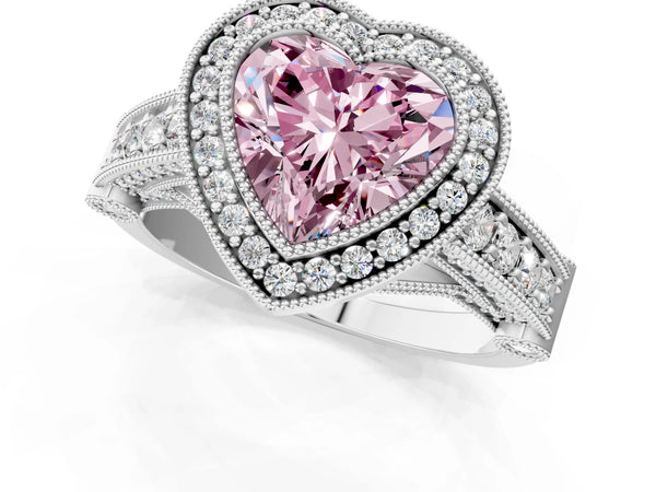 White Gold Heart-Shaped Vintage Bezel Halo Engagement Ring Setting for Fancy Pink Center
