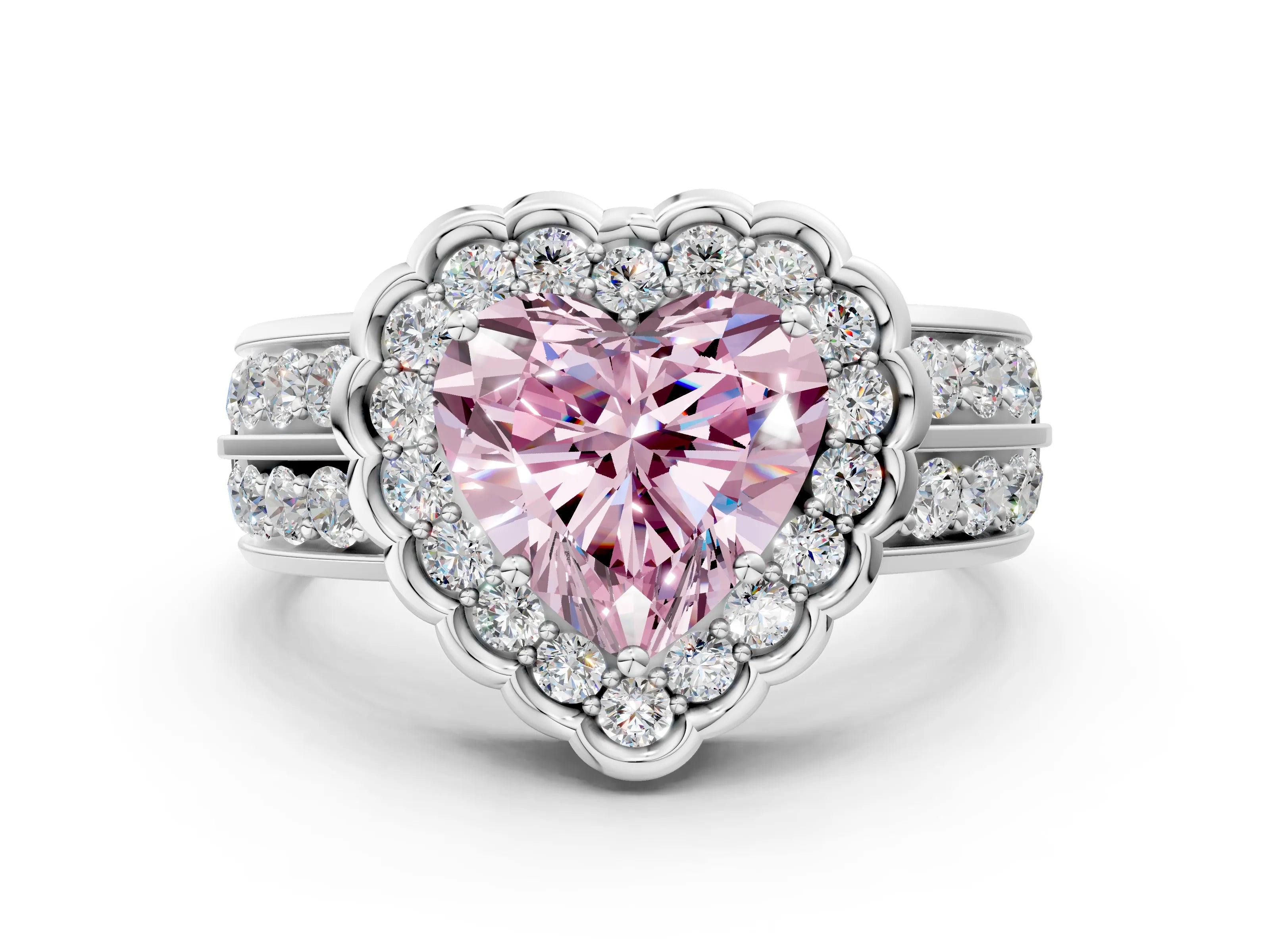 White gold Fancy Pink Heart Cut Halo Diamond Split Shank Ring with Scalloped Prong Setting_12