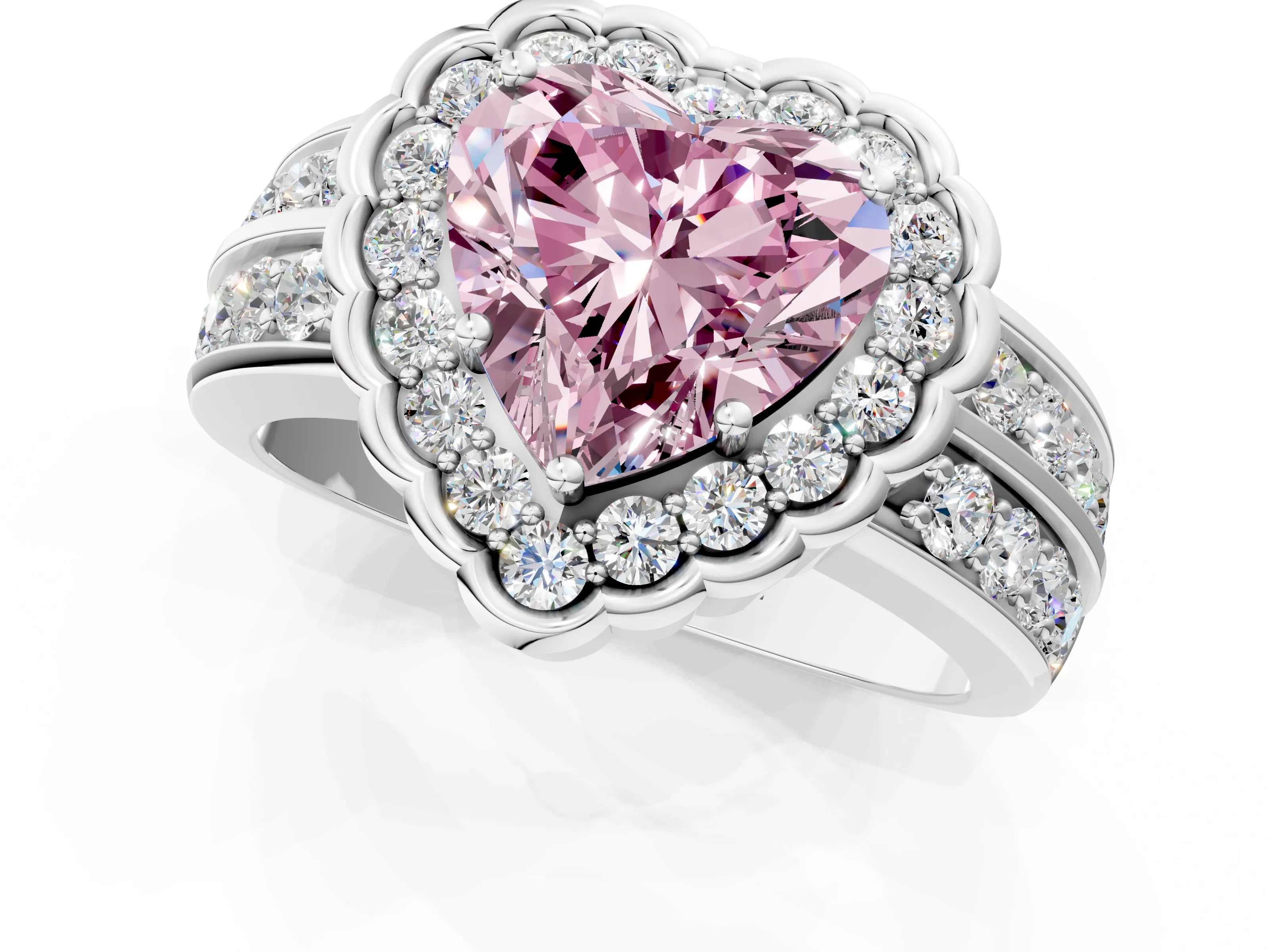 White gold Fancy Pink Heart Cut Halo Diamond Split Shank Ring with Scalloped Prong Setting_13