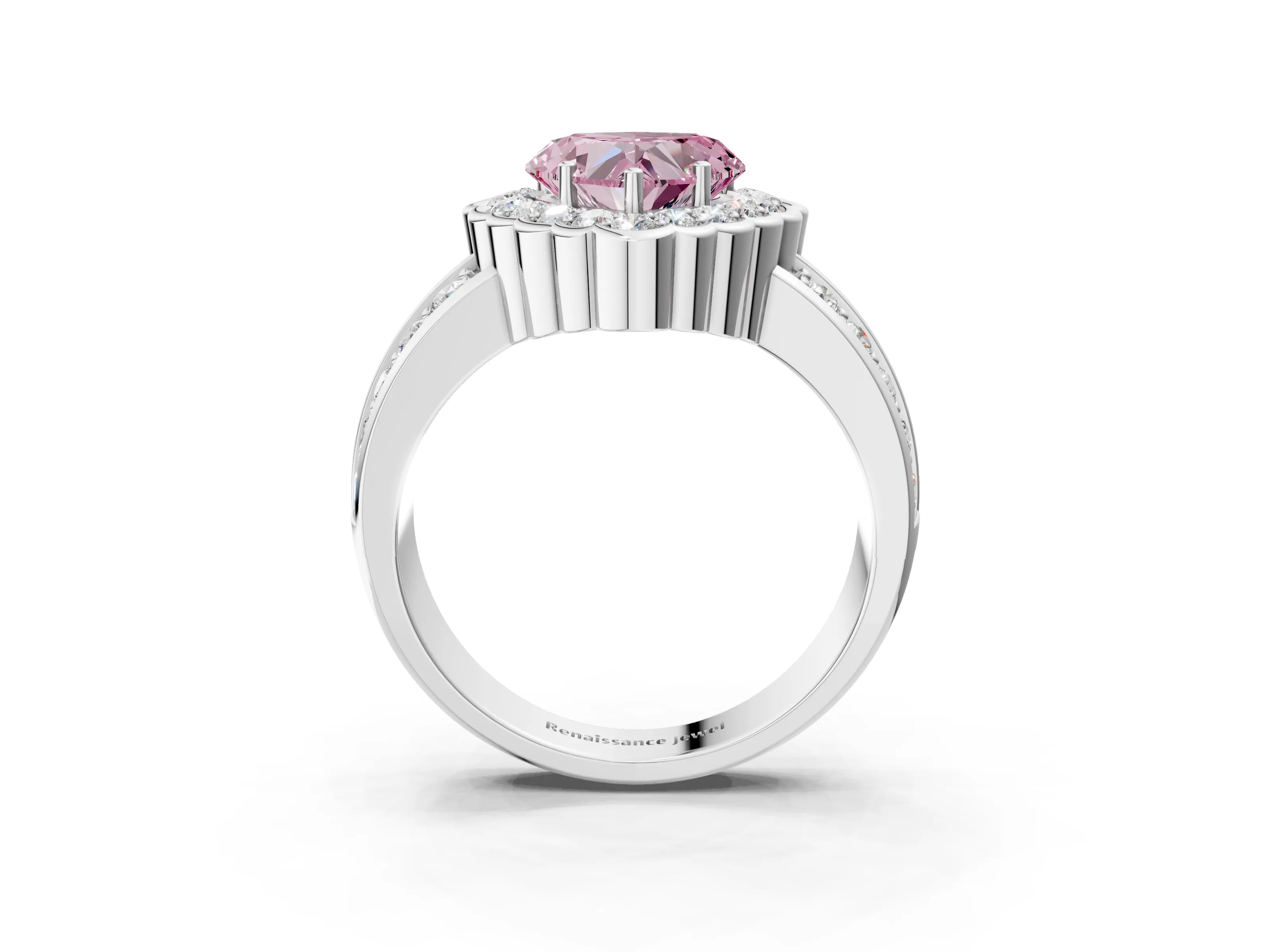 White gold Fancy Pink Heart Cut Halo Diamond Split Shank Ring with Scalloped Prong Setting_15