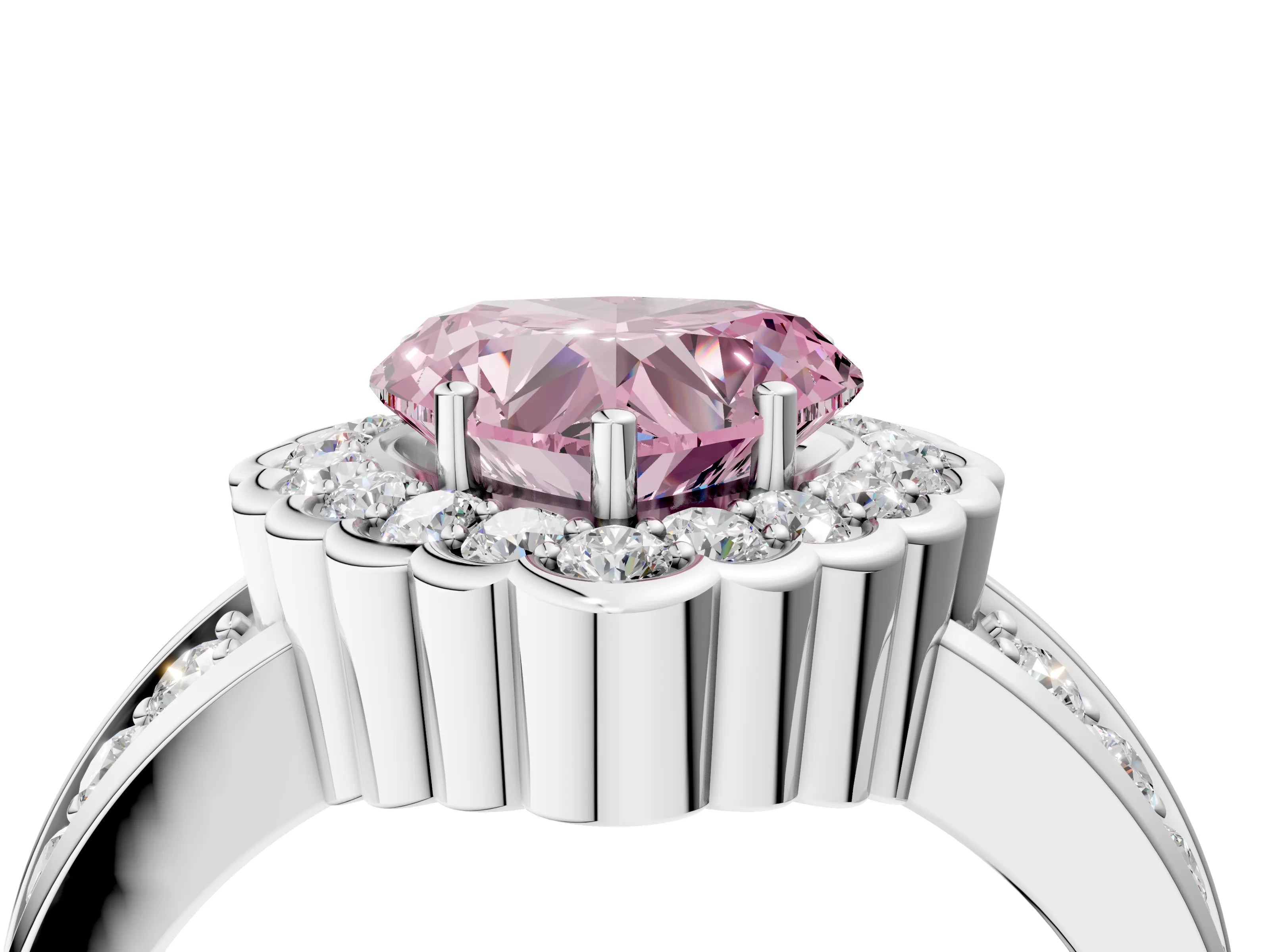 White gold Fancy Pink Heart Cut Halo Diamond Split Shank Ring with Scalloped Prong Setting_16