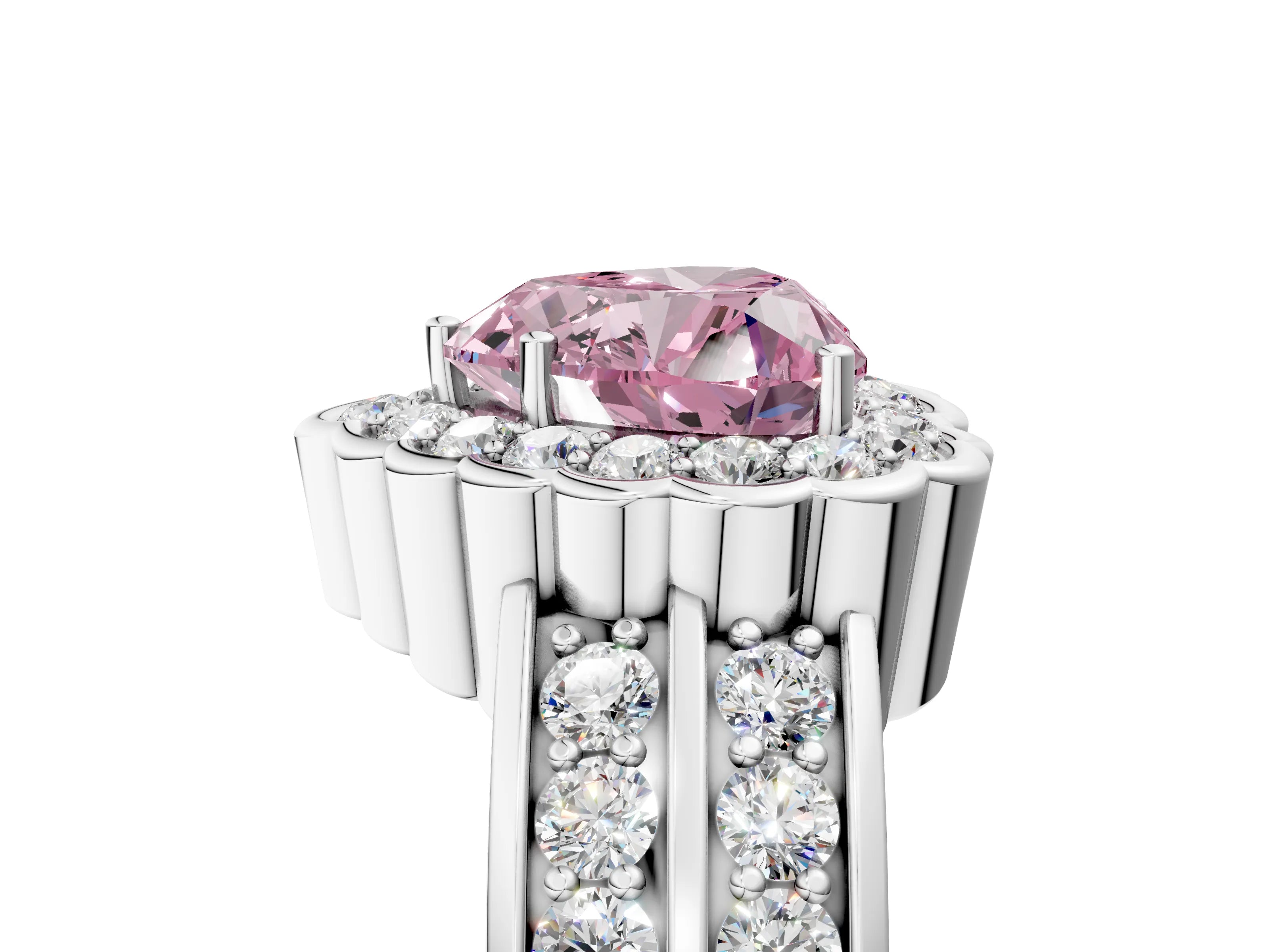 White gold Fancy Pink Heart Cut Halo Diamond Split Shank Ring with Scalloped Prong Setting_17