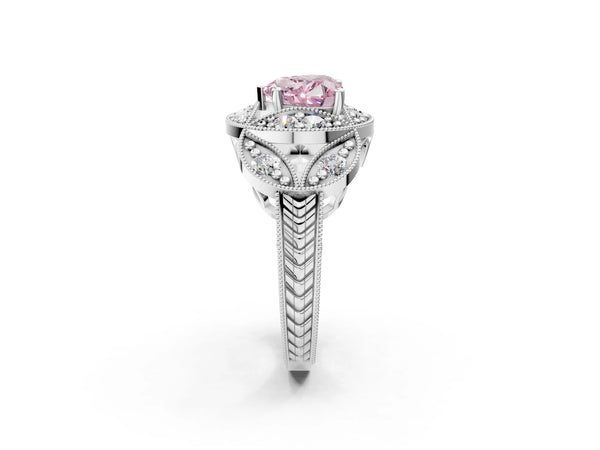 White gold Fancy Pink Heart Cut Halo Milgrain Diamond Engagement Ring with Leaf Band and Four-Prong Setting