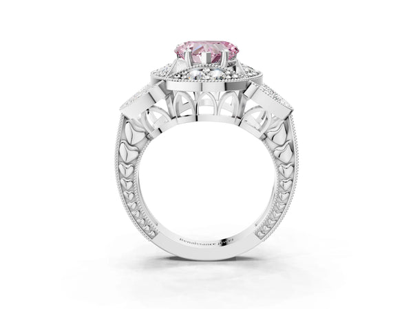 White gold Fancy Pink Heart Cut Halo Milgrain Diamond Engagement Ring with Leaf Band and Four-Prong Setting