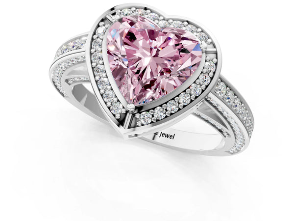 White gold Fancy Pink Heart  Cut Halo Pave Split Shank Prong Setting Ring