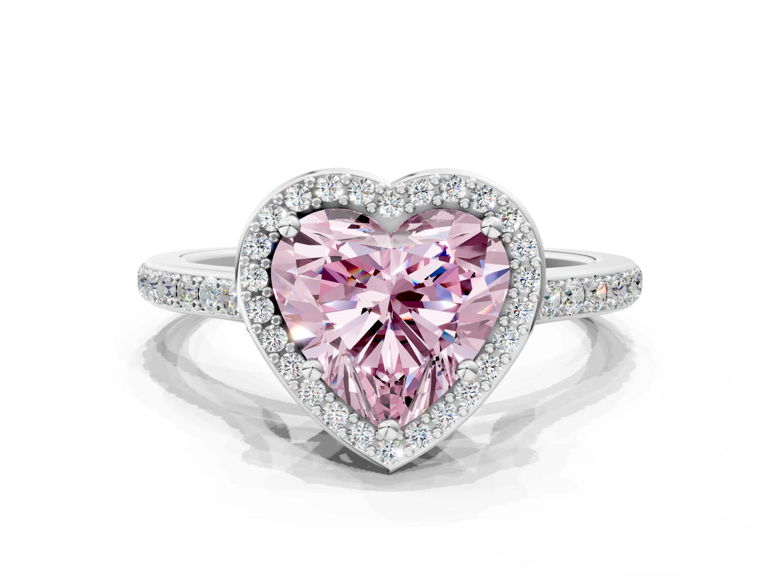 White gold Fancy Pink Heart Cut Halo Round Diamond Pavé Band with Four-Prong Setting_15