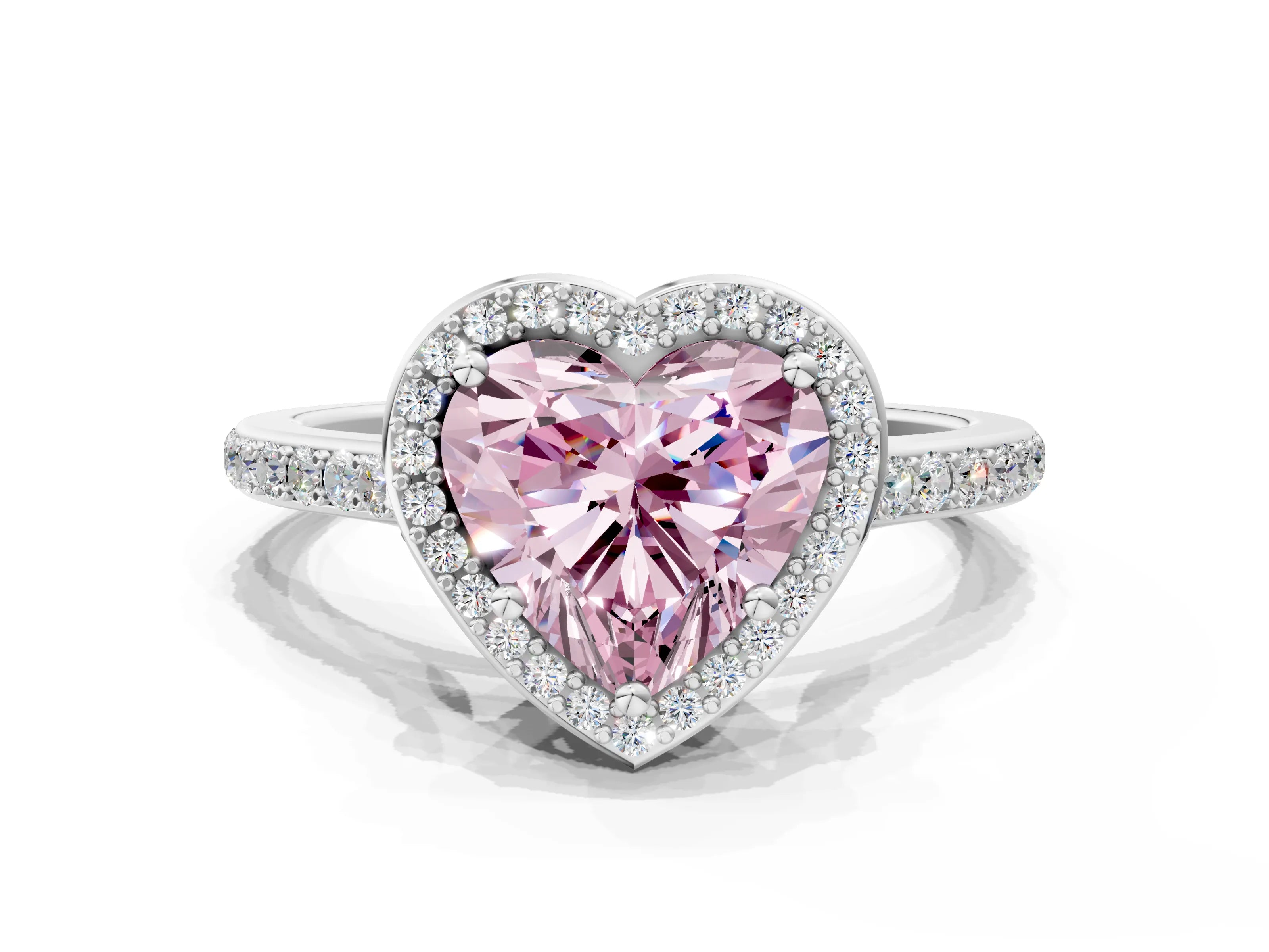 White gold Fancy Pink Heart Cut Halo Round Diamond Pavé Band with Four-Prong Setting_15