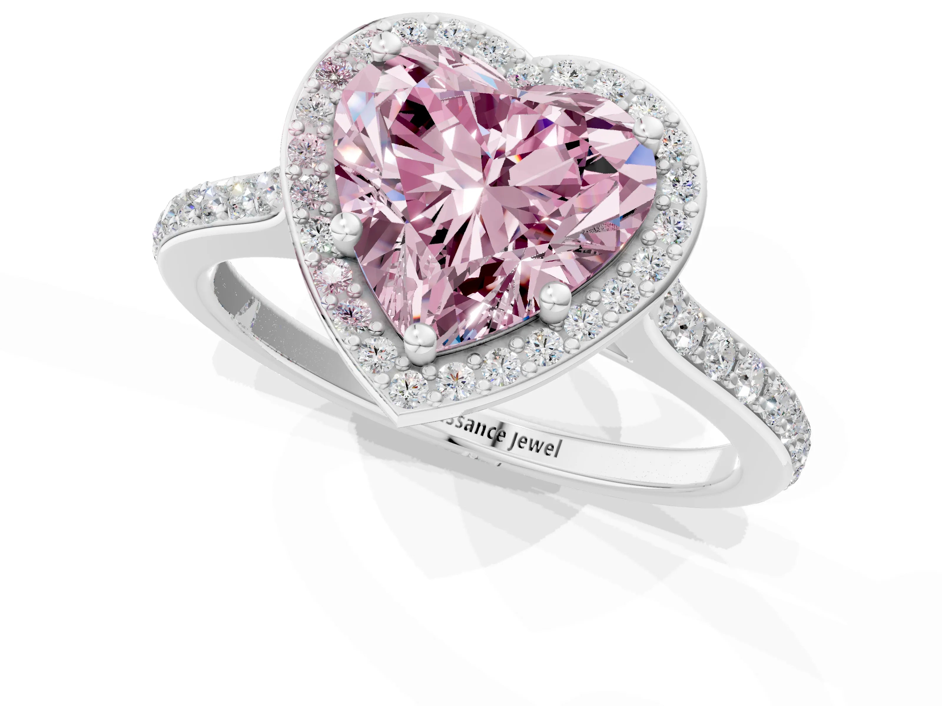 White gold Fancy Pink Heart Cut Halo Round Diamond Pavé Band with Four-Prong Setting_16