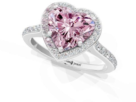 White gold Fancy Pink Heart Cut Halo Round Diamond Pavé Band with Four-Prong Setting_16