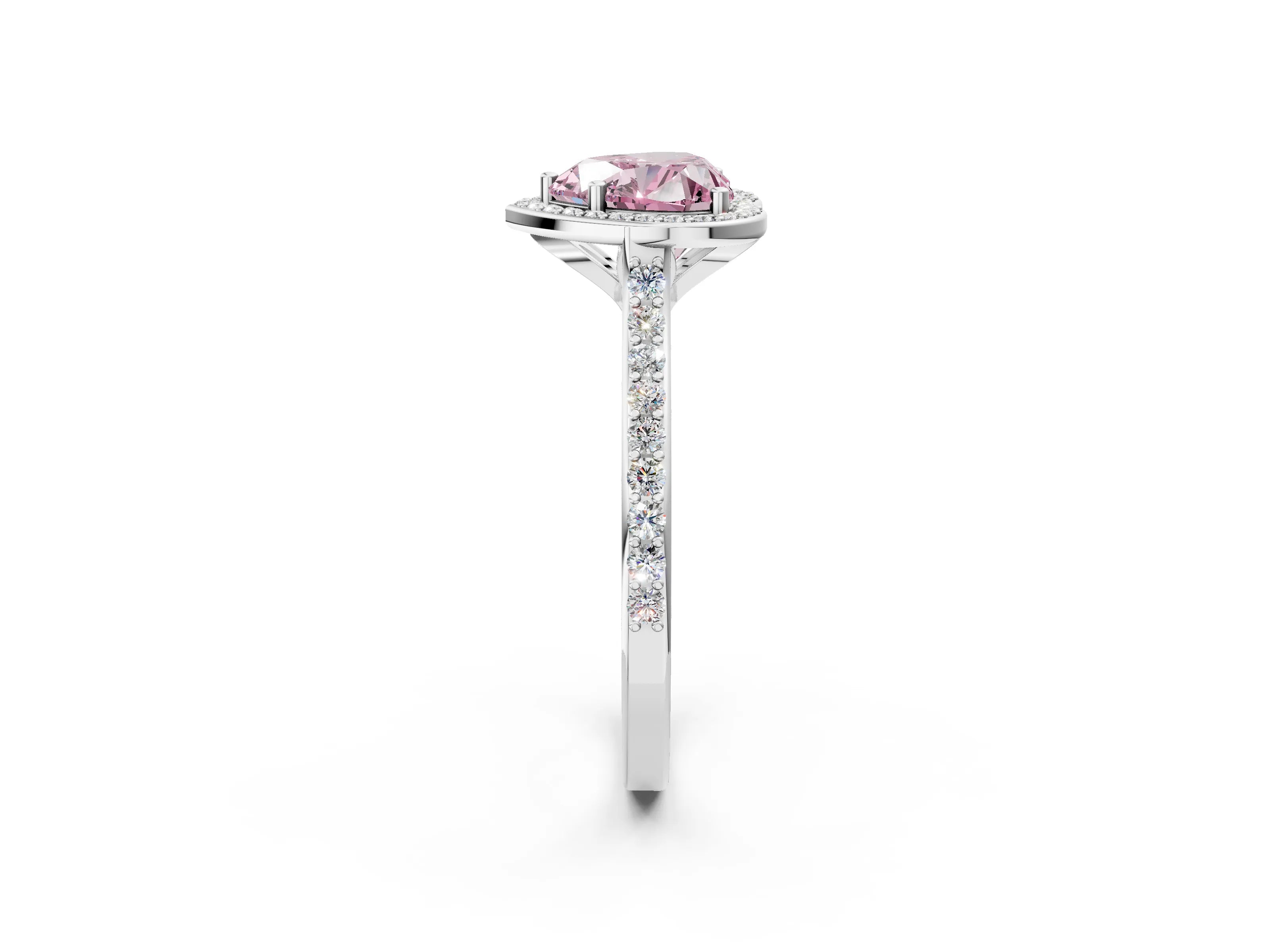 White gold Fancy Pink Heart Cut Halo Round Diamond Pavé Band with Four-Prong Setting_17