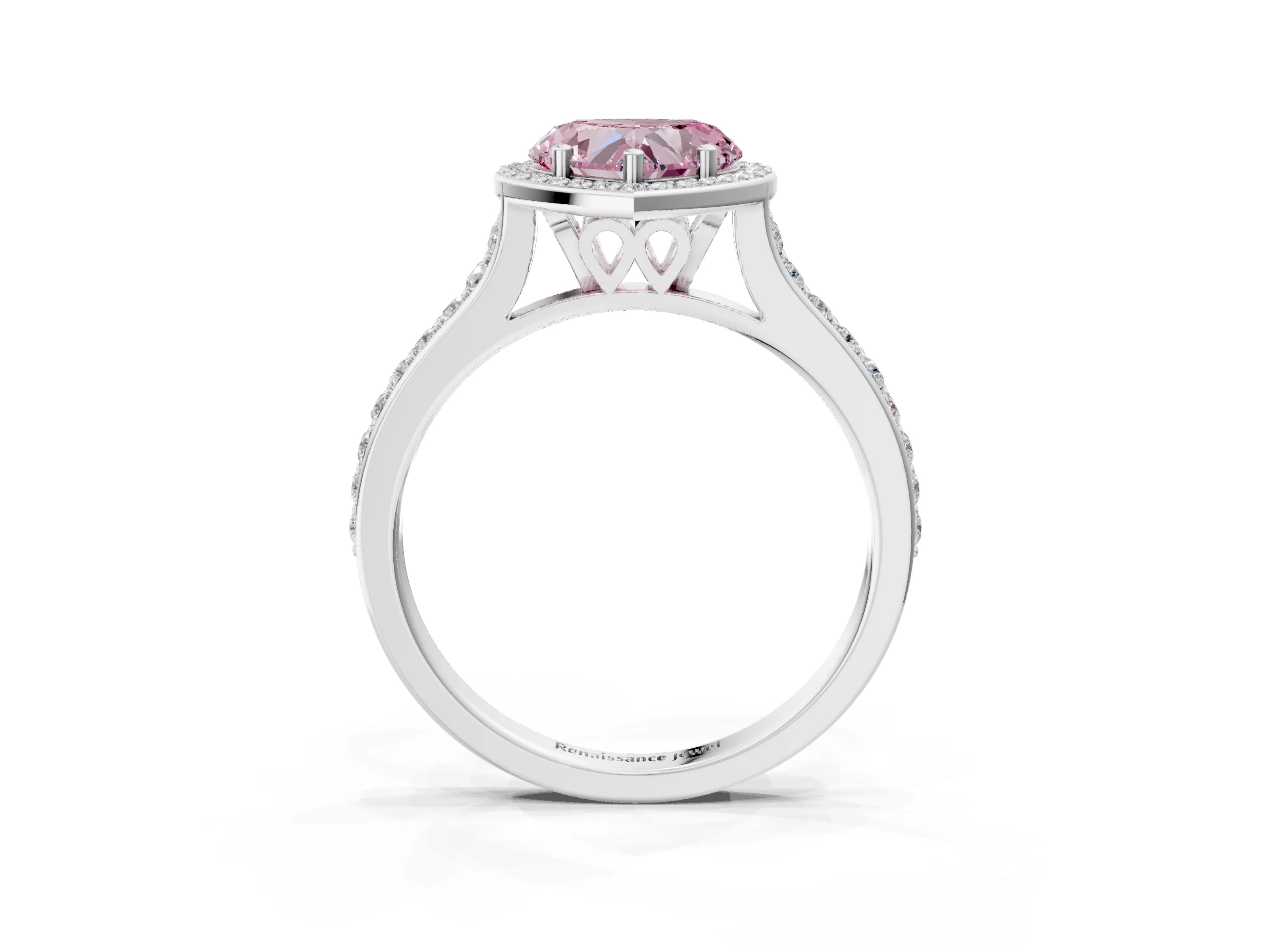 White gold Fancy Pink Heart Cut Halo Round Diamond Pavé Band with Four-Prong Setting_18