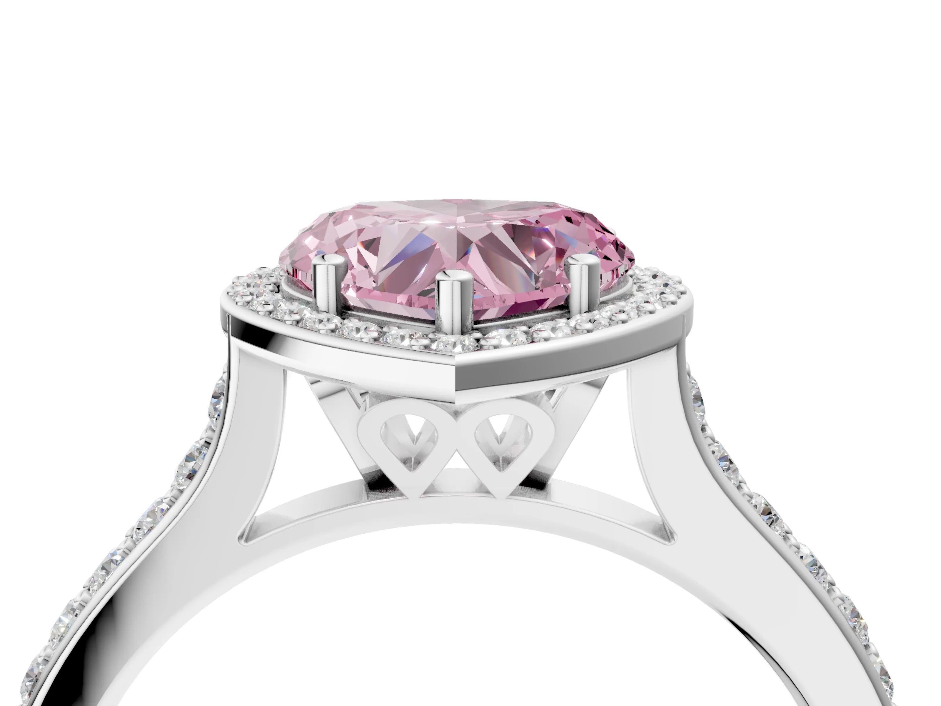 White gold Fancy Pink Heart Cut Halo Round Diamond Pavé Band with Four-Prong Setting_19