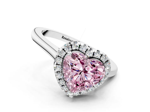 White gold Fancy Pink Heart Cut Halo Round Diamond Solitaire Engagement Ring with Pave Band and Four-Prong Setting_24