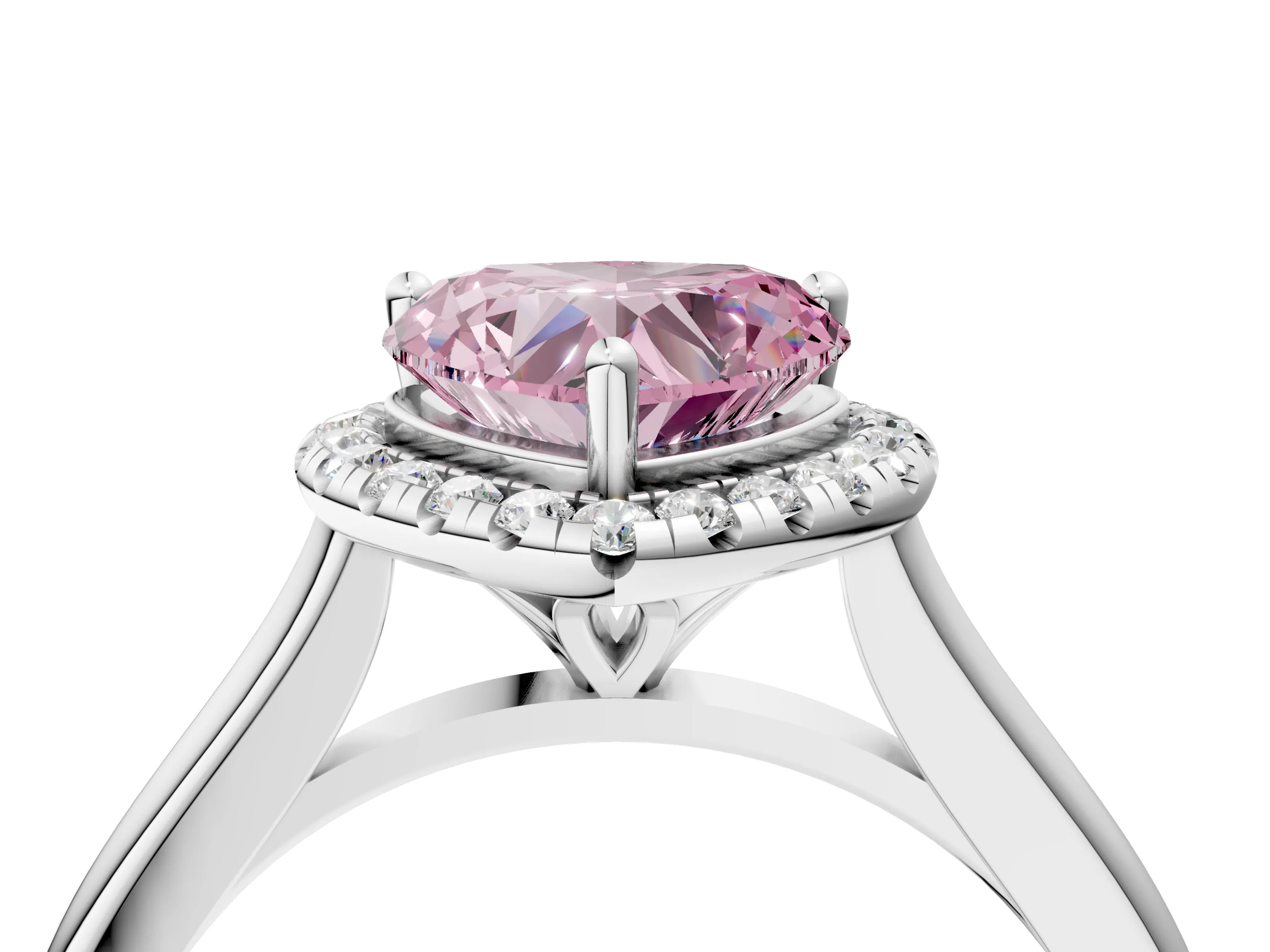 White gold Fancy Pink Heart Cut Halo Round Diamond Solitaire Engagement Ring with Pave Band and Four-Prong Setting_28