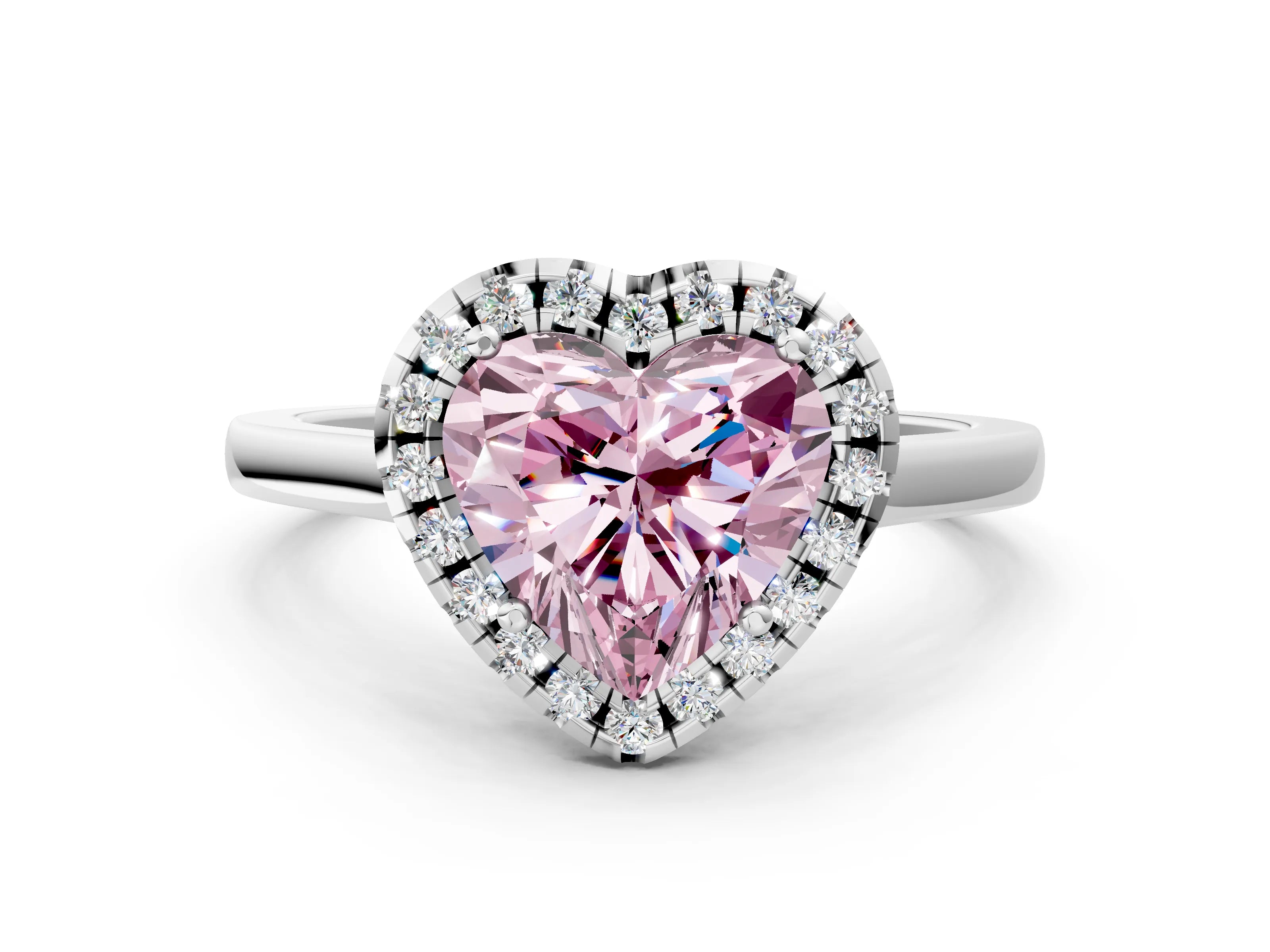 White gold Fancy Pink Heart Cut Halo Round Diamond Solitaire Ring with Pavé Band and Four-Prong Setting_12