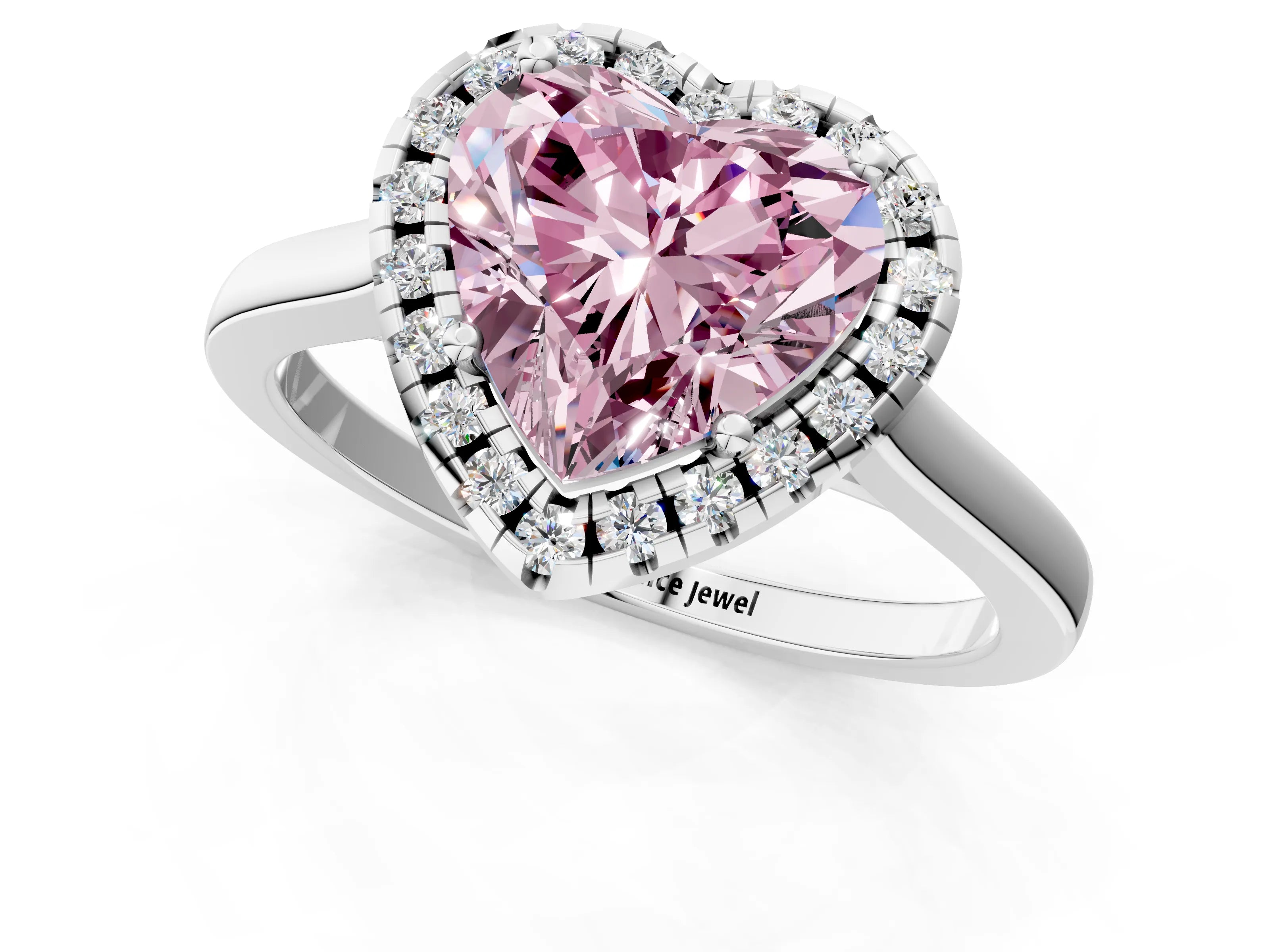 White gold Fancy Pink Heart Cut Halo Round Diamond Solitaire Ring with Pavé Band and Four-Prong Setting_13