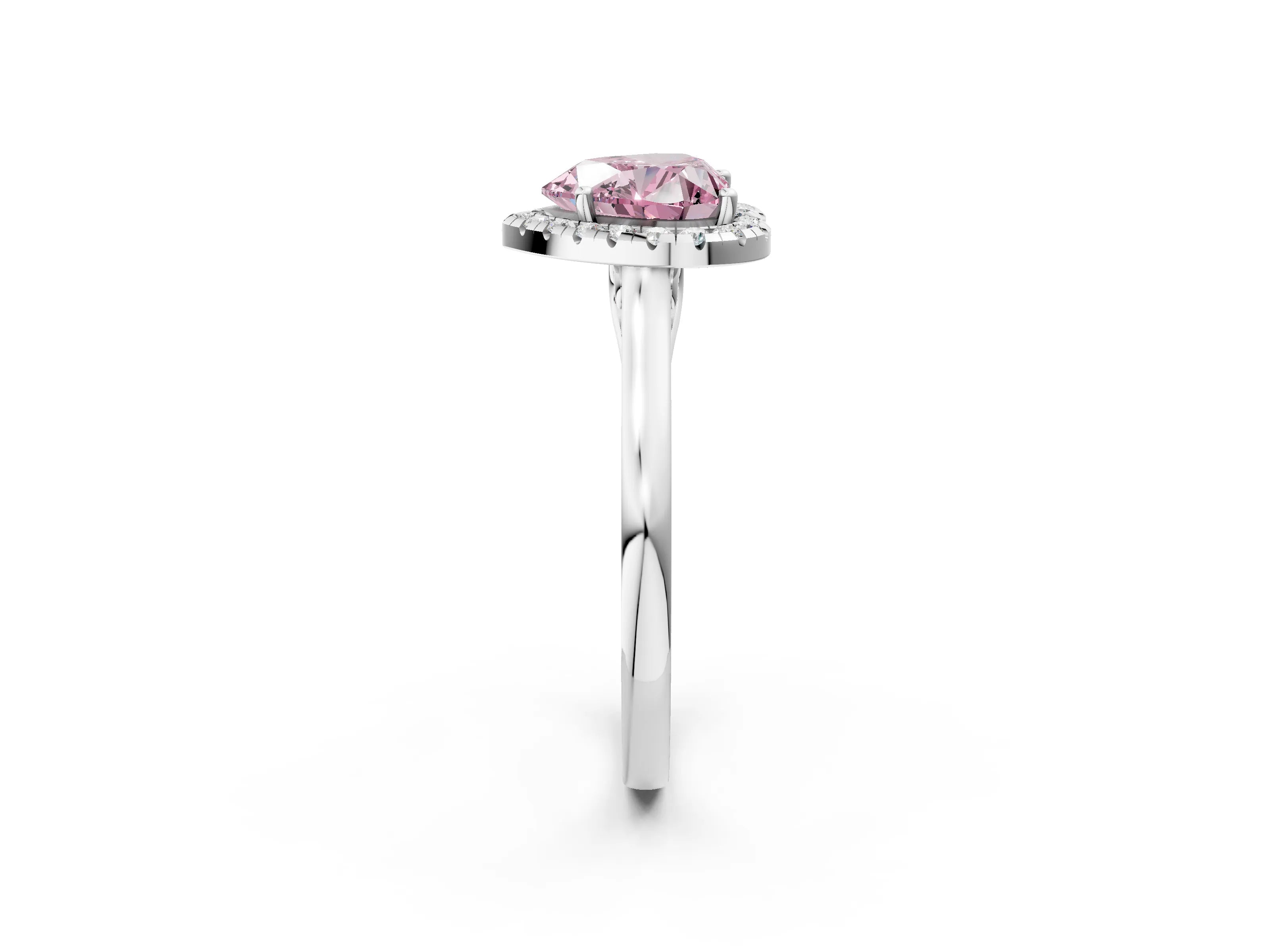White gold Fancy Pink Heart Cut Halo Round Diamond Solitaire Ring with Pavé Band and Four-Prong Setting_14