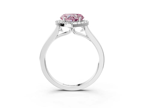 White gold Fancy Pink Heart Cut Halo Round Diamond Solitaire Ring with Pavé Band and Four-Prong Setting_15