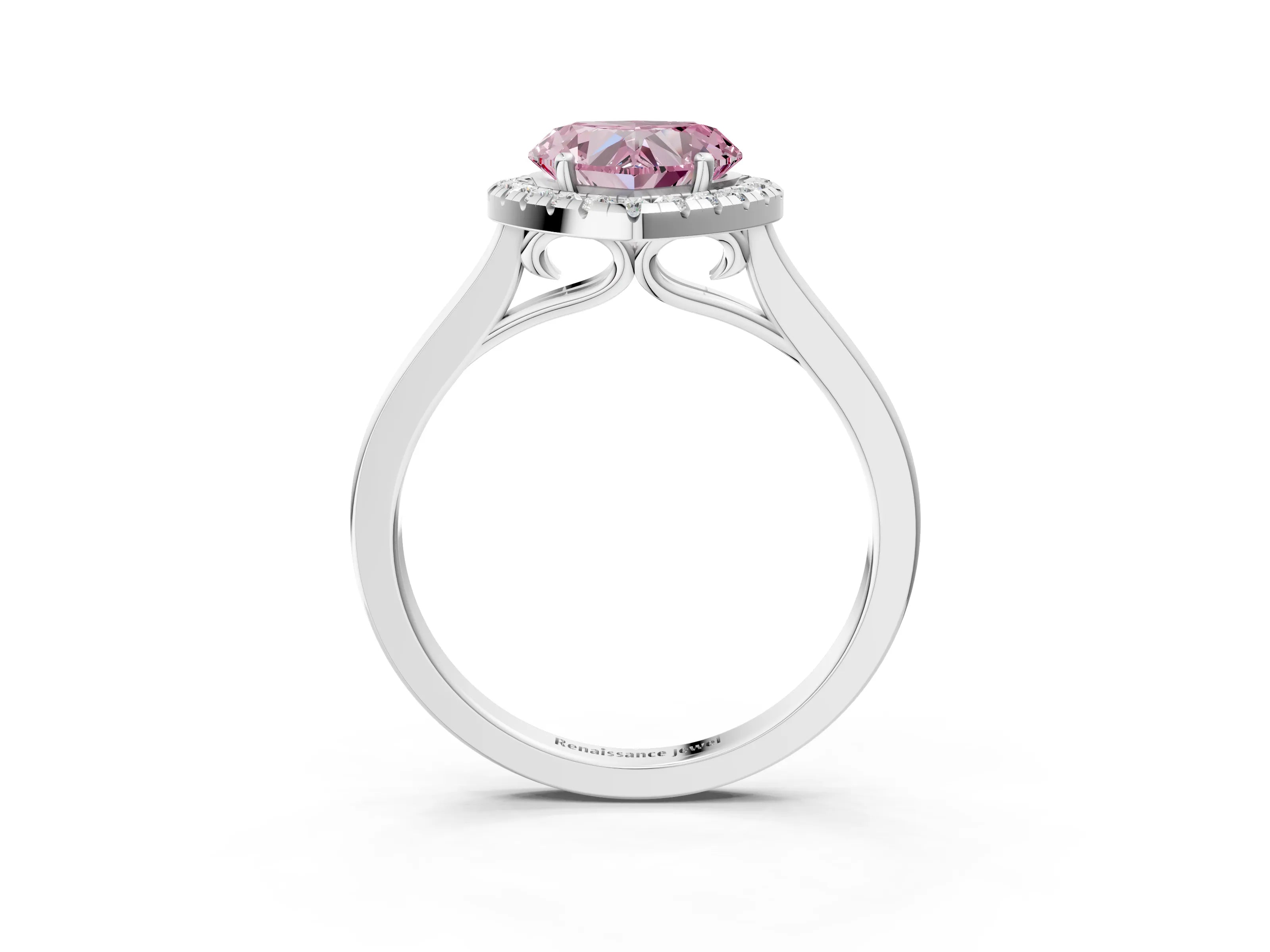 White gold Fancy Pink Heart Cut Halo Round Diamond Solitaire Ring with Pavé Band and Four-Prong Setting_15