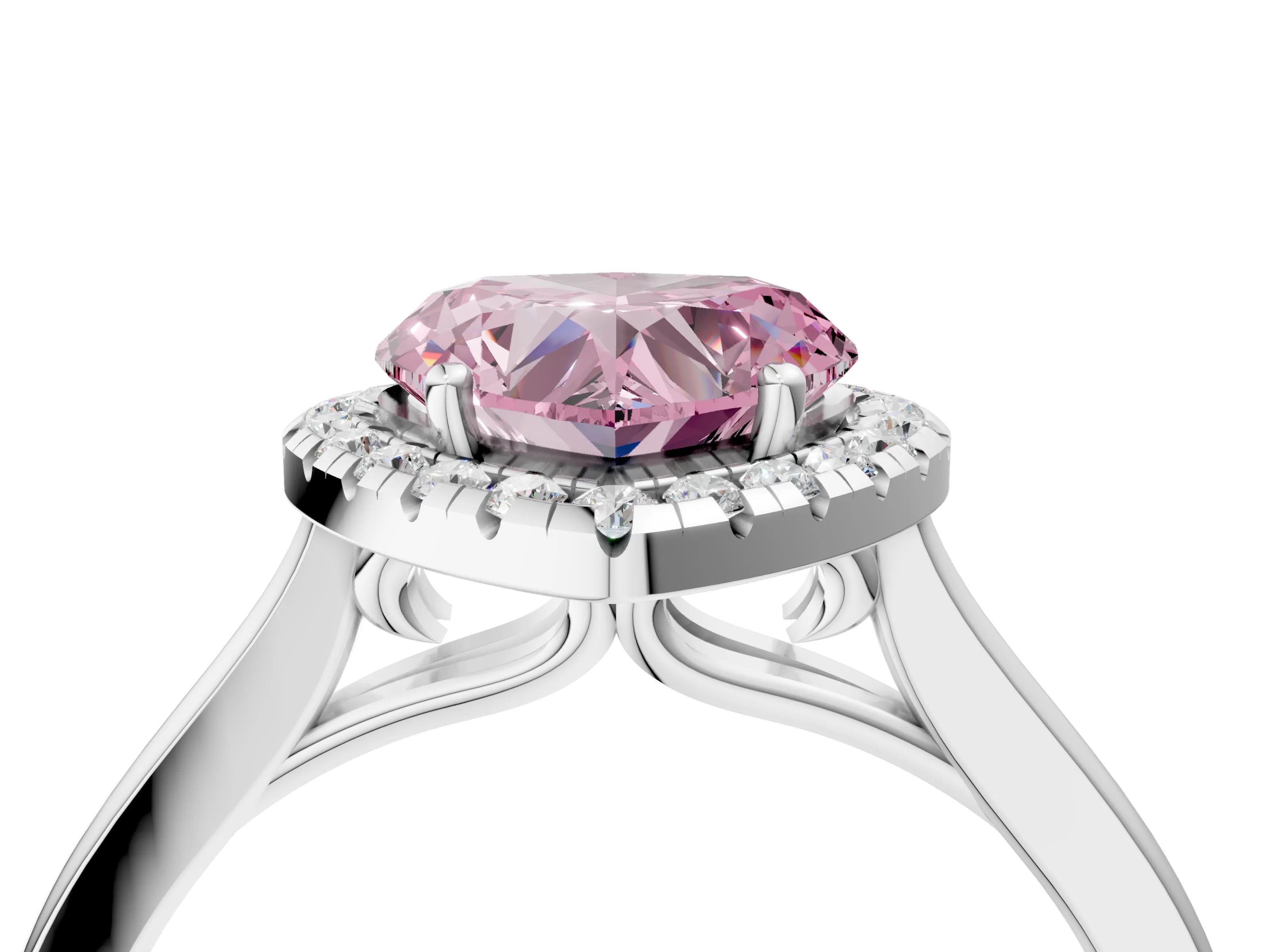 White gold Fancy Pink Heart Cut Halo Round Diamond Solitaire Ring with Pavé Band and Four-Prong Setting_16