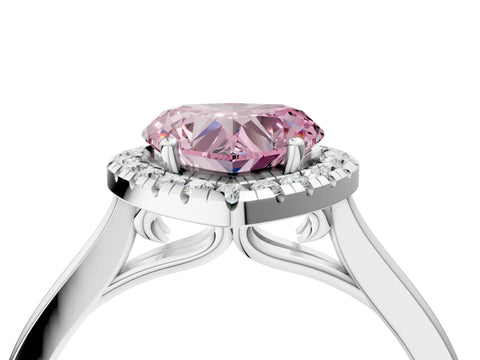 White gold Fancy Pink Heart Cut Halo Round Diamond Solitaire Ring with Pavé Band and Four-Prong Setting_16