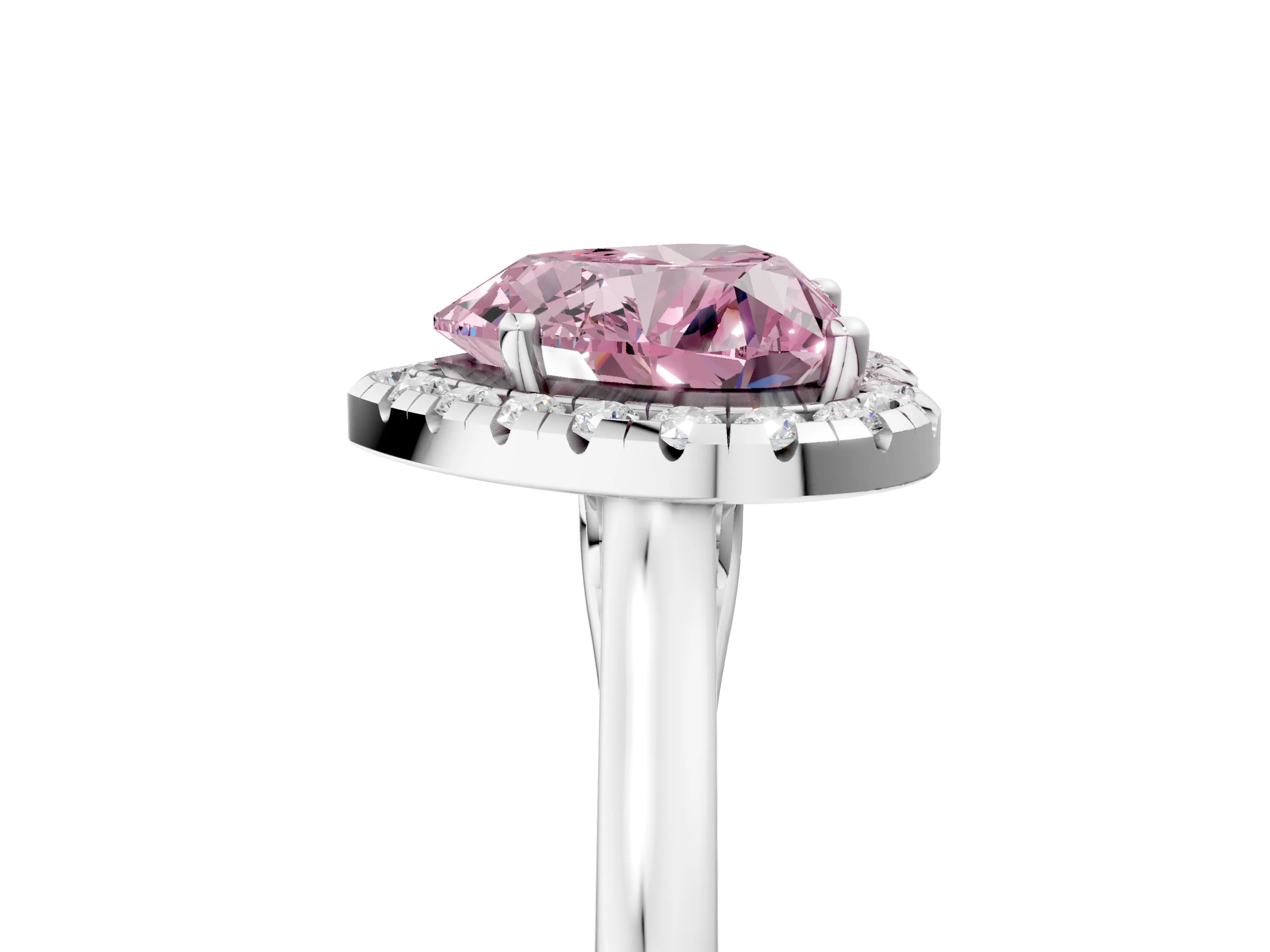 White gold Fancy Pink Heart Cut Halo Round Diamond Solitaire Ring with Pavé Band and Four-Prong Setting_17