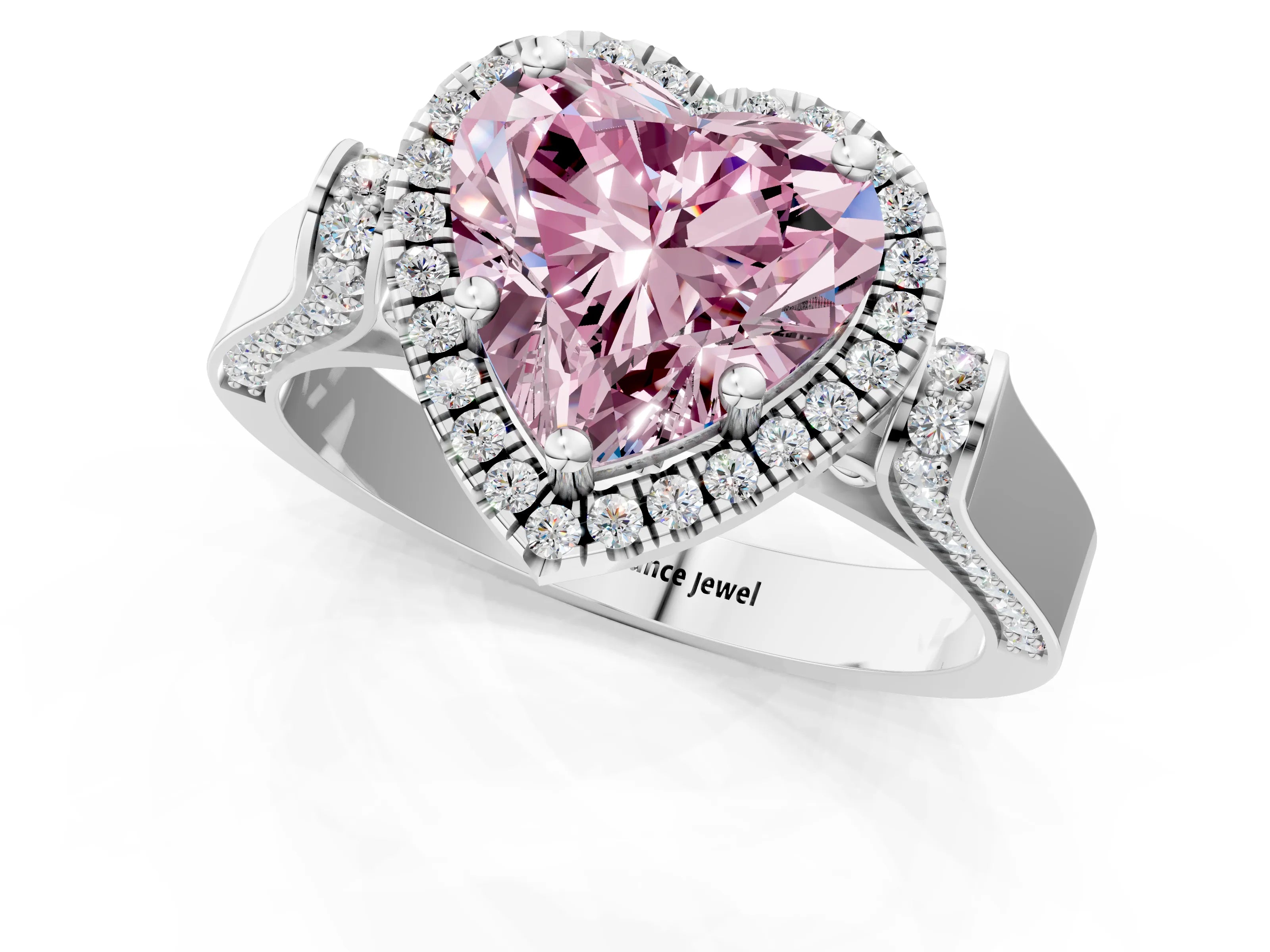 White gold Fancy Pink Heart Cut Halo Round Diamond Twist Band with Four-Prong Setting_1