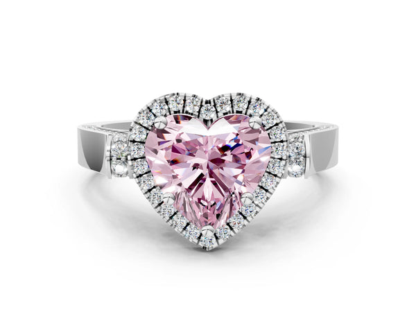 White gold Fancy Pink Heart Cut Halo Round Diamond Twist Band with Four-Prong Setting