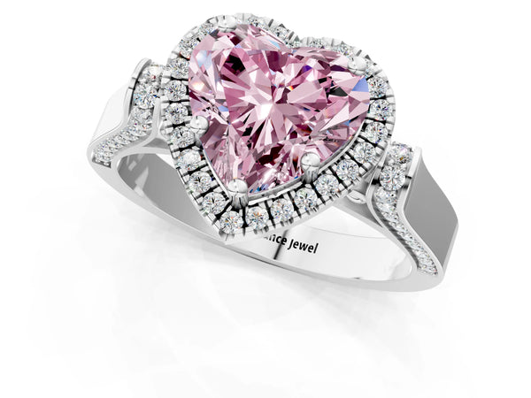 White gold Fancy Pink Heart Cut Halo Round Diamond Twist Band with Four-Prong Setting