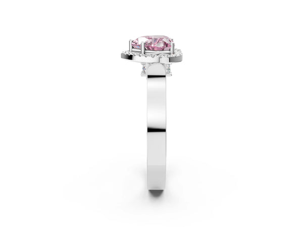 White gold Fancy Pink Heart Cut Halo Round Diamond Twist Band with Four-Prong Setting