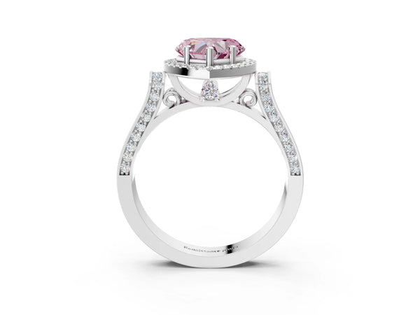 White gold Fancy Pink Heart Cut Halo Round Diamond Twist Band with Four-Prong Setting
