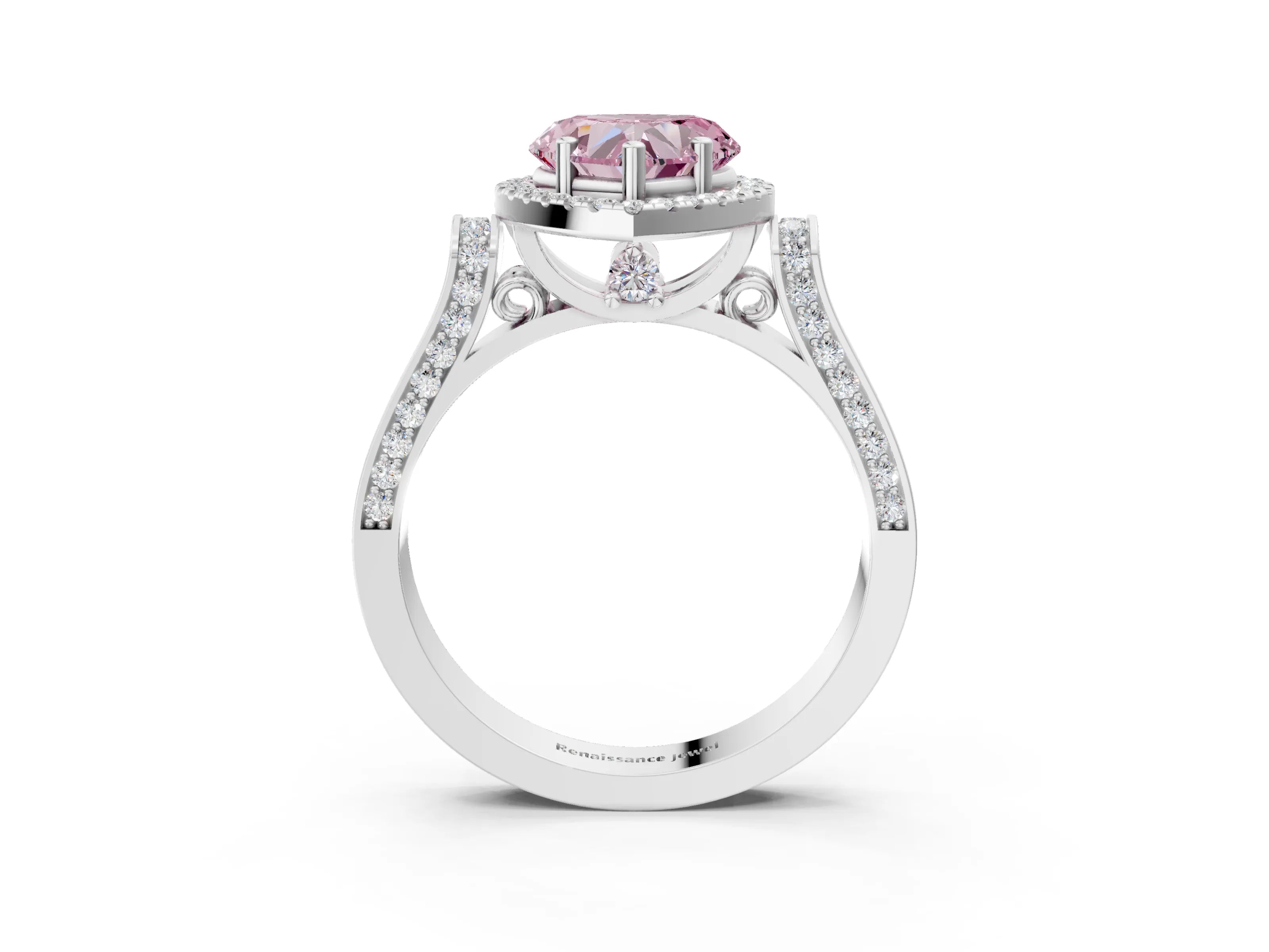 White gold Fancy Pink Heart Cut Halo Round Diamond Twist Band with Four-Prong Setting_27