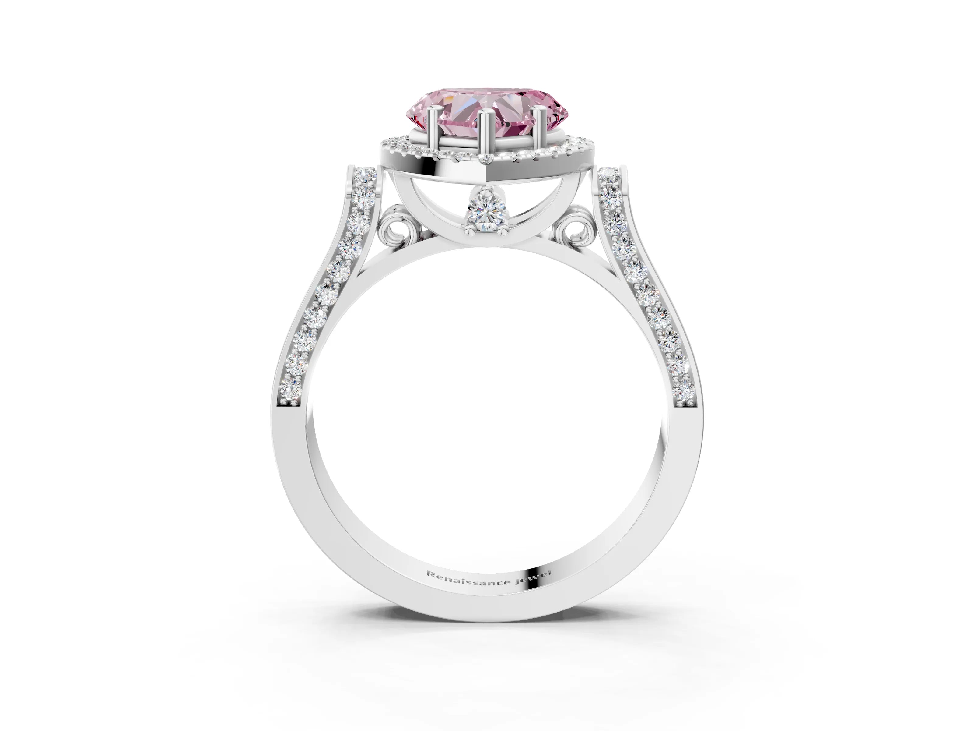 White gold Fancy Pink Heart Cut Halo Round Diamond Twist Band with Four-Prong Setting_3