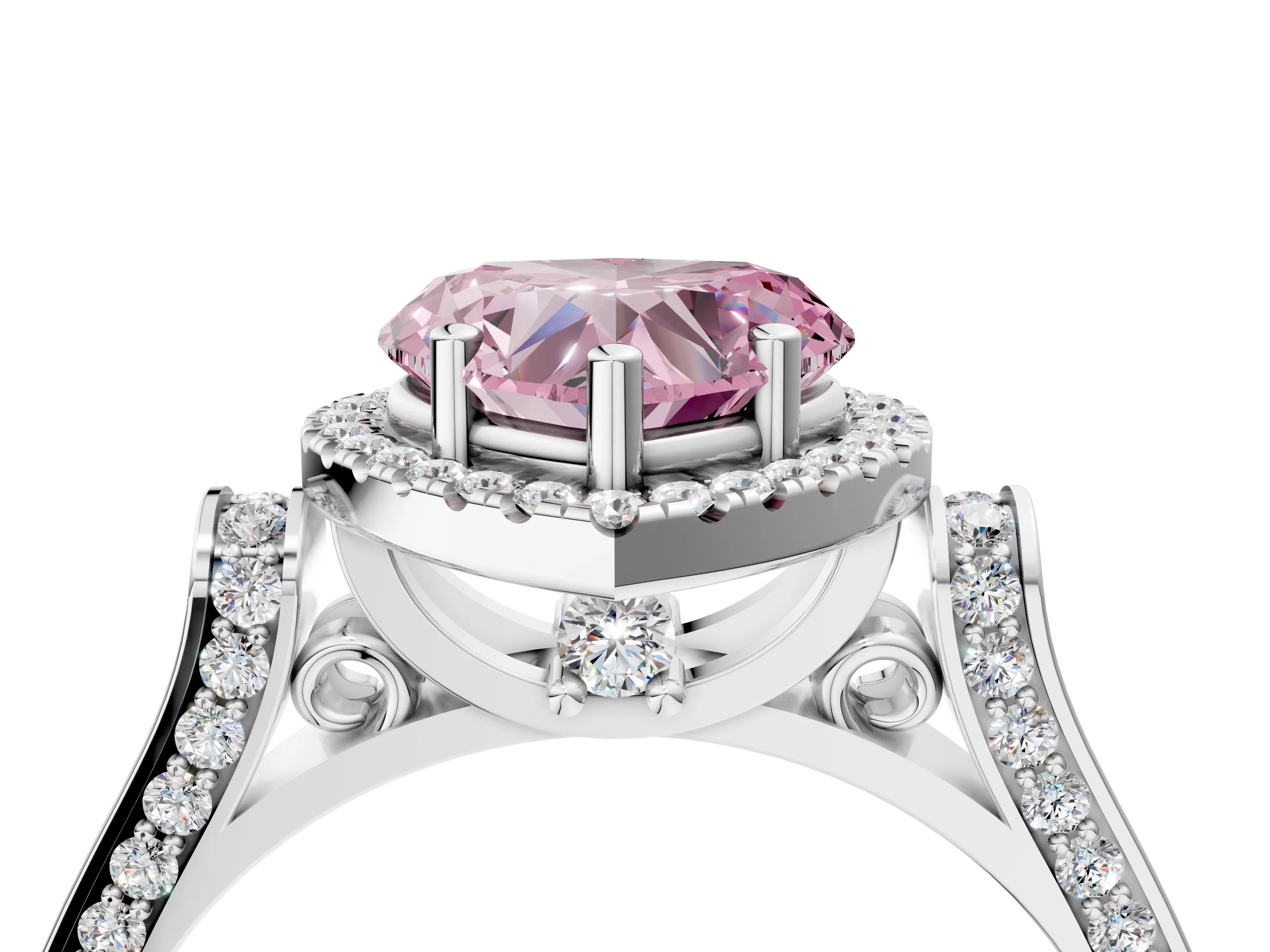 White gold Fancy Pink Heart Cut Halo Round Diamond Twist Band with Four-Prong Setting_4