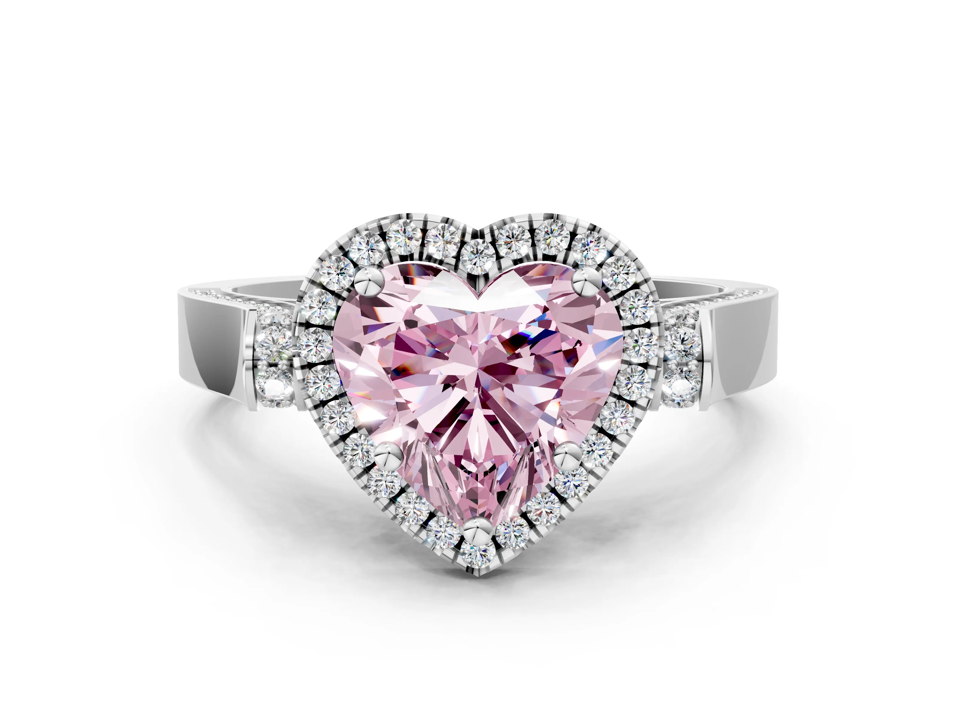 White gold Fancy Pink Heart Cut Halo Round Diamond Twist Band with Four-Prong Setting