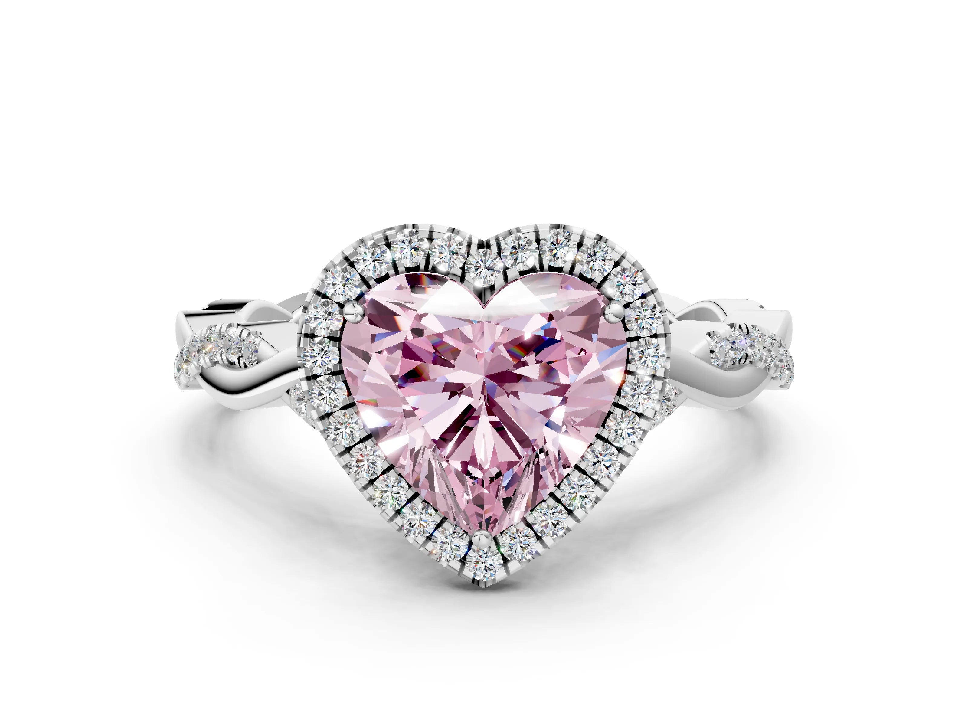 White gold Fancy Pink Heart Cut Halo Twist Band with Four-Prong Setting