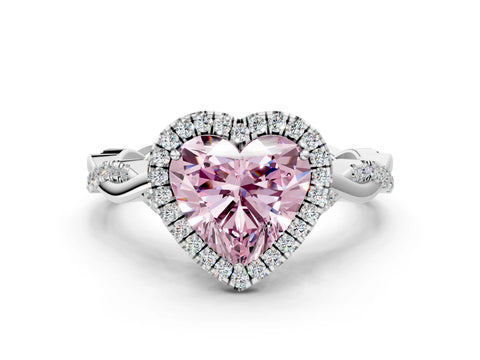 White gold Fancy Pink Heart Cut Halo Twist Band with Four-Prong Setting