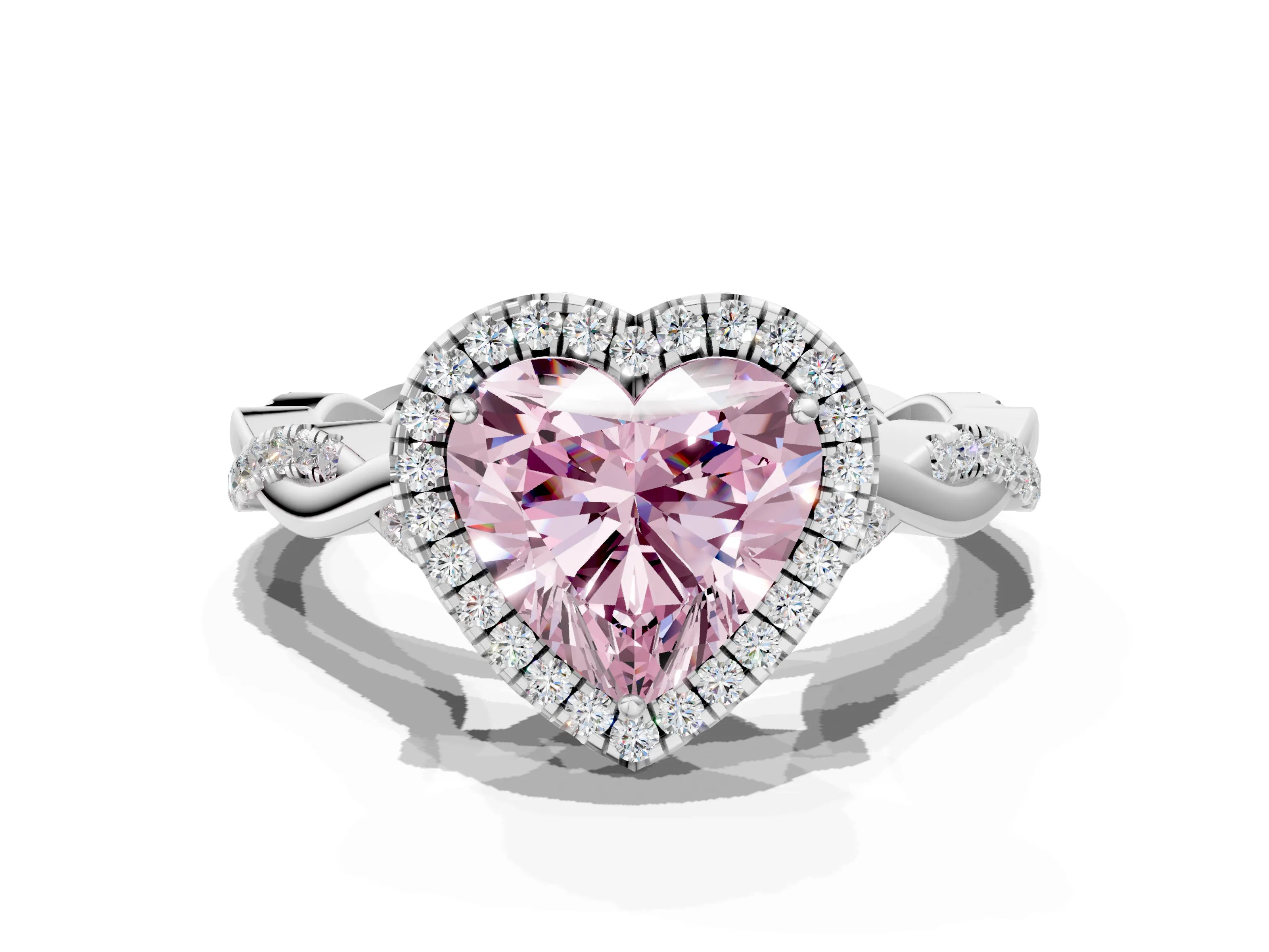 White gold Fancy Pink Heart Cut Halo Twist Band with Four-Prong Setting_72