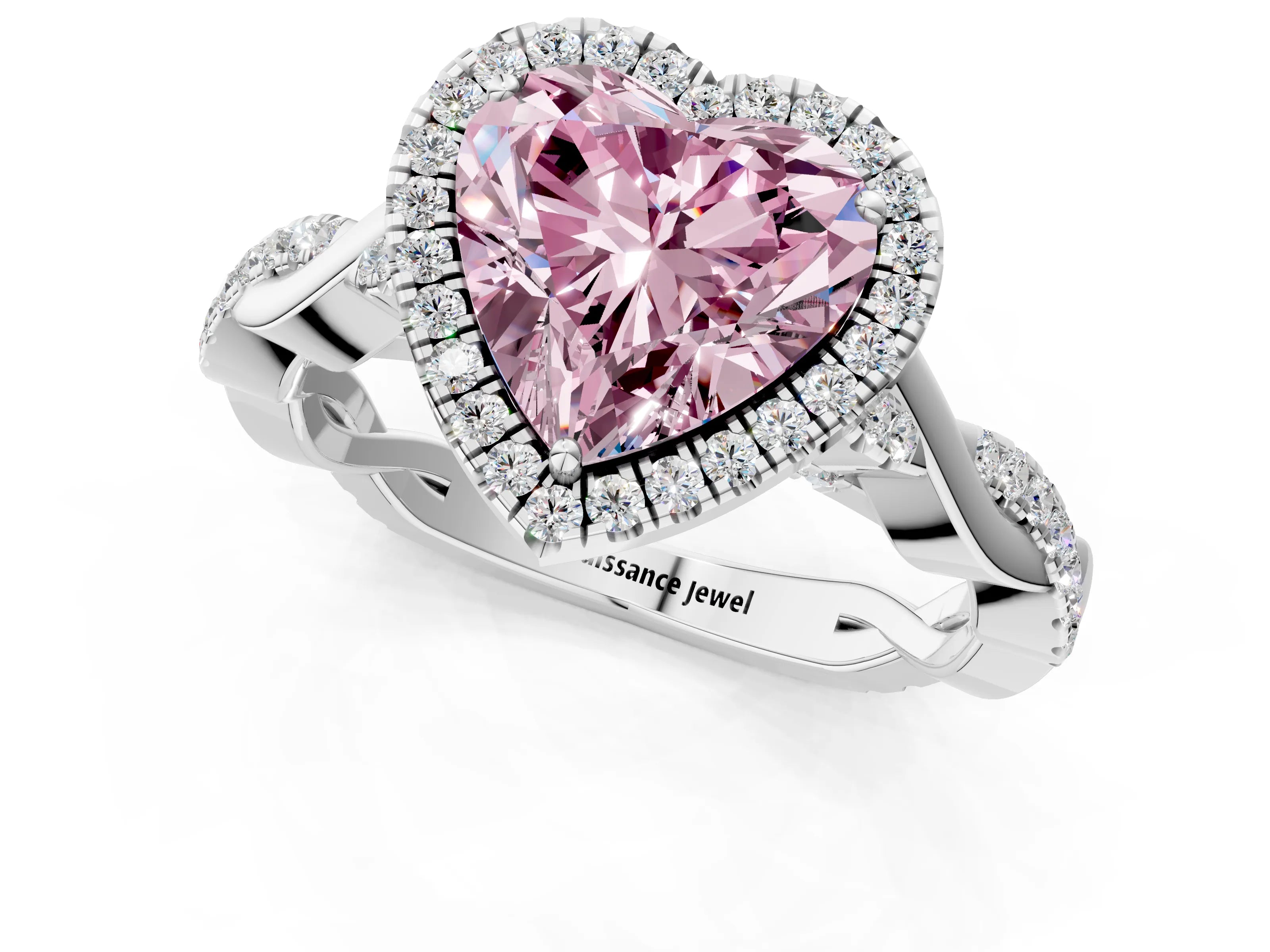 White gold Fancy Pink Heart Cut Halo Twist Band with Four-Prong Setting_73